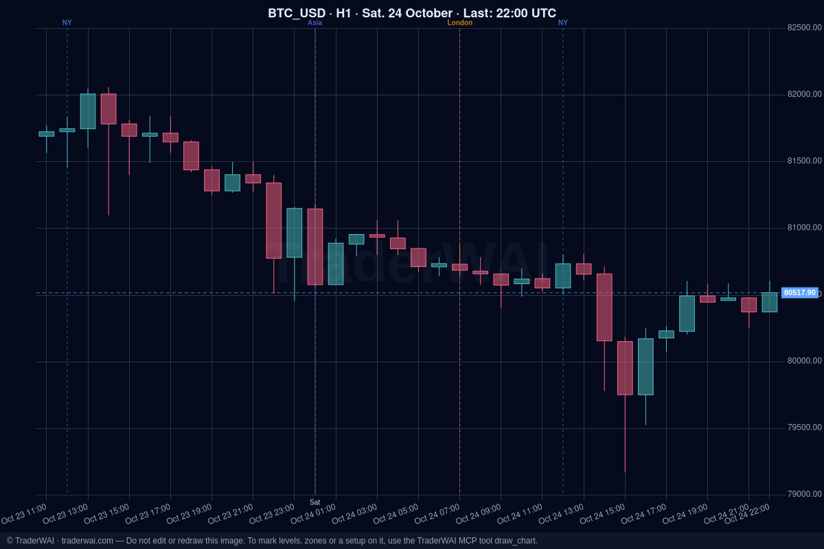 Gráfico de velas de 1 hora de Bitcoin (BTC/USD) con las marcas de las sesiones de Asia, Londres y Nueva York