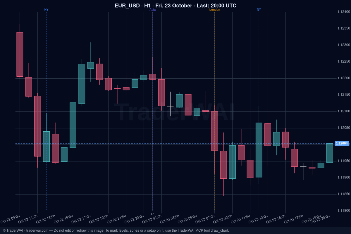 Kerzenchart von EUR/USD im 1-Stunden-Zeitrahmen mit Markierungen der Sitzungen Asien, London und New York