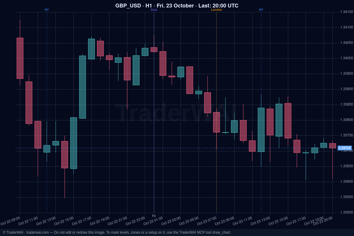 Gráfico de velas de 1 hora de GBP/USD con las marcas de las sesiones de Asia, Londres y Nueva York