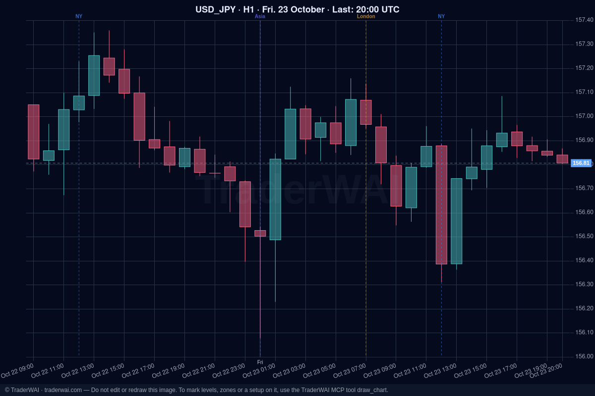 Gráfico de velas de 1 hora de USD/JPY con las marcas de las sesiones de Asia, Londres y Nueva York